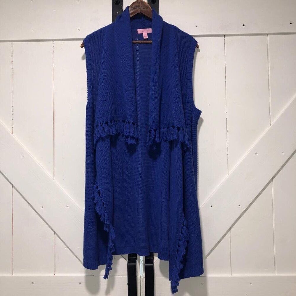 Lilly Pulitzer Size S Abbot Cardigan Open Drape Sweater Knit Casual Fringe Blue